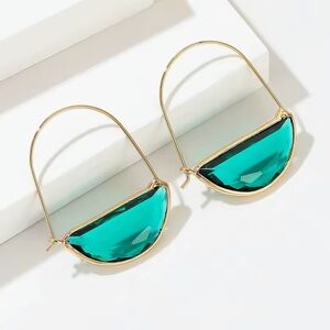 Anthropologie Dark Green Glass Crescent Hoop Gold Earrings